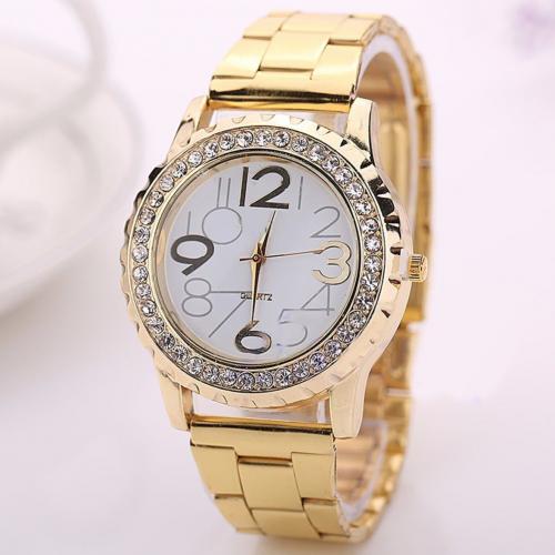 Unisex Rhinestone Rvs Band Analoge Quartz Paar Horloge Dames Jurk Horloges Luxe: Goud