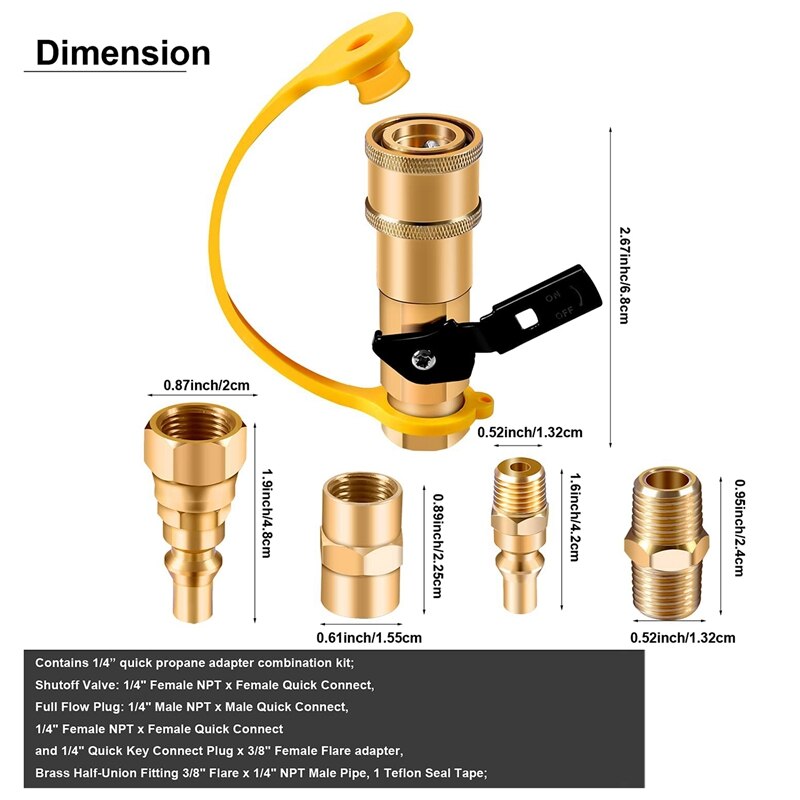 6Pcs Propane Quick Connect Fittings Adapter Shutoff Valve 3/8Inch Flare X 1/4Inch NPT Male Pipe Fitting To Heater