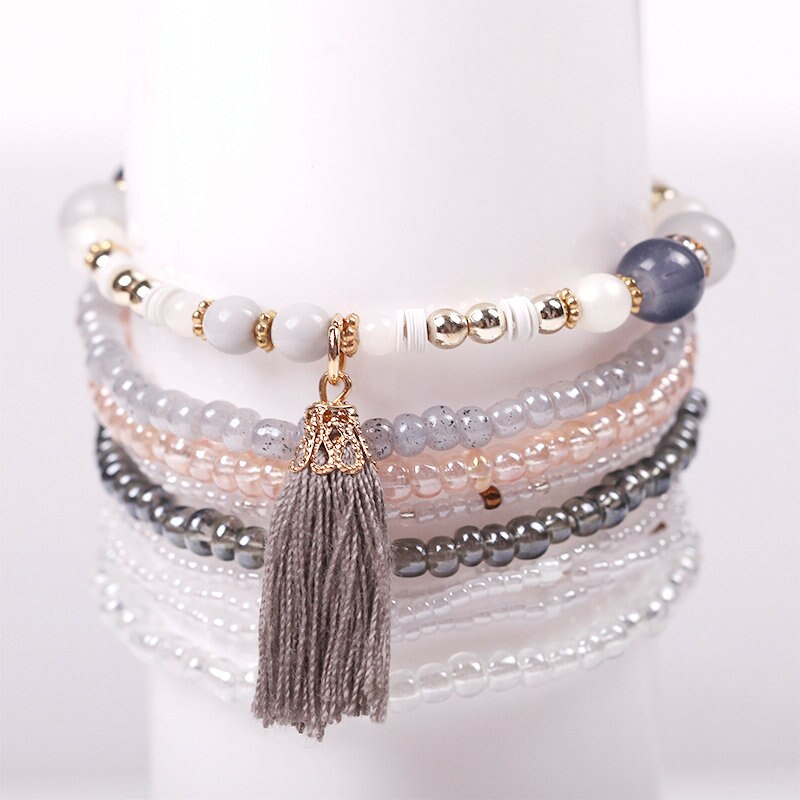 Boho Multilayer Beads Wrap Friendship Bracelets For Women Bead Tassel Charm Bracelet Femme Christams Jewelry Pulseras Mujer: Light Gray