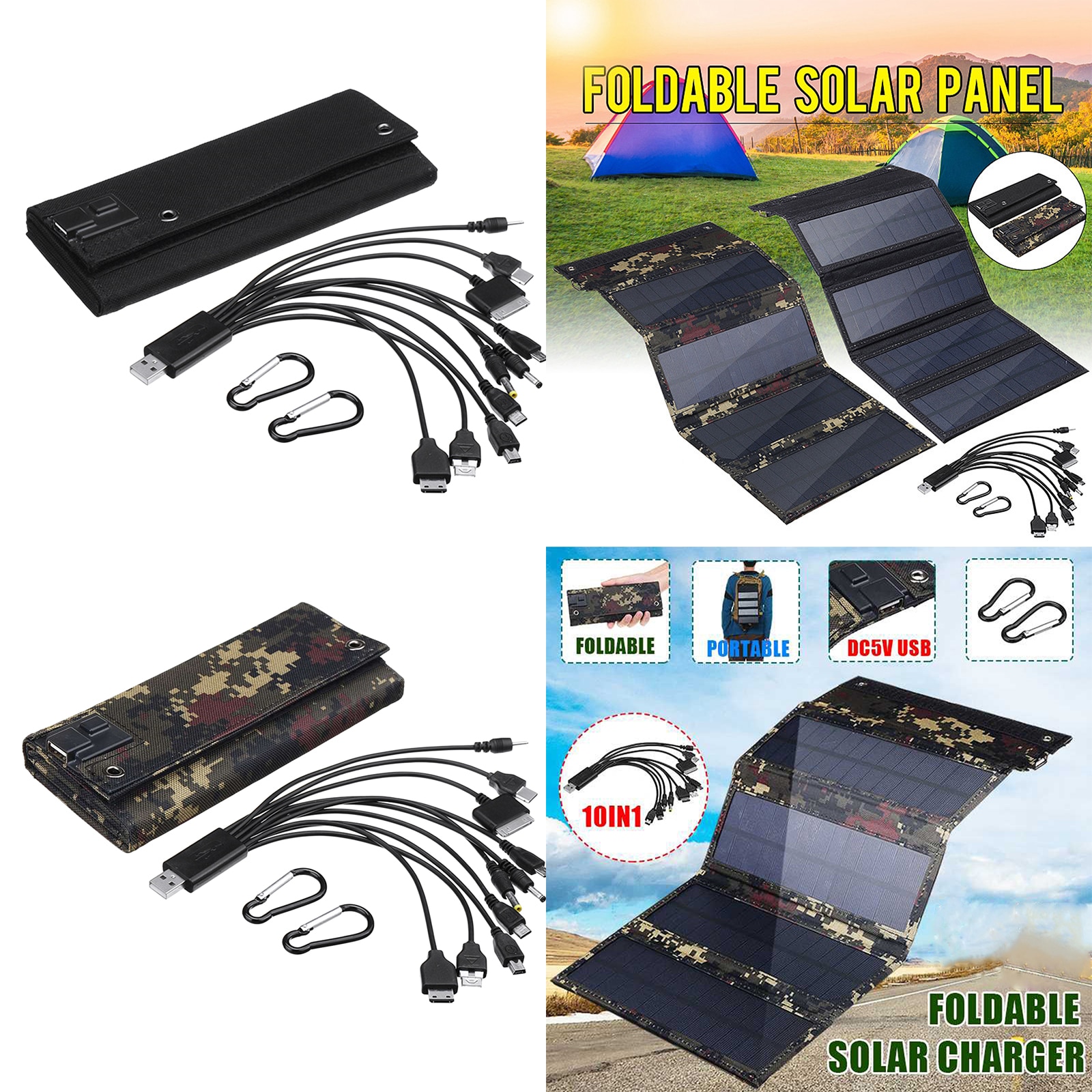 Alfombra Solar Flexible, manta plegable, Kit de Panel Solar, estación de energía, cargador de teléfono móvil, incluye ganchos de suspensión y 10 puertos USB