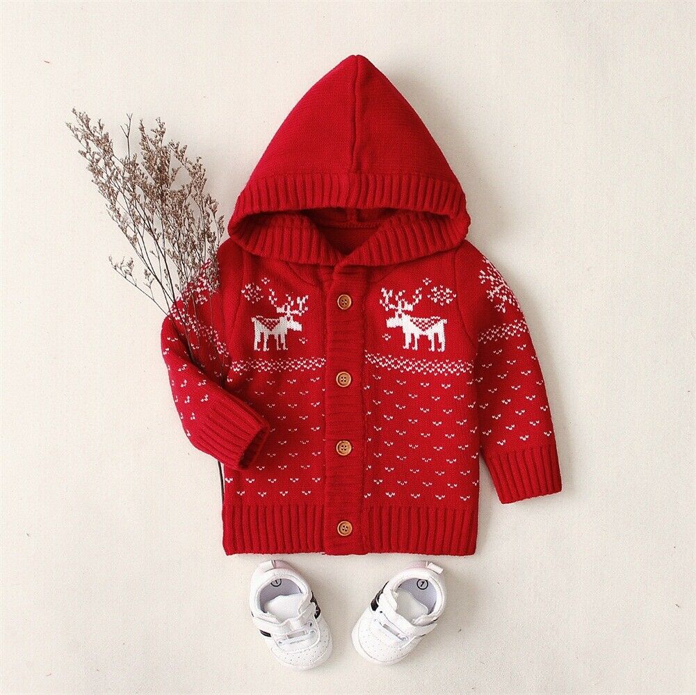 Christmas Xmas Knitted Coat Baby Girls Boys Coat Hooded Jacket Cardigan Christmas Deer Outwear 0-18 months