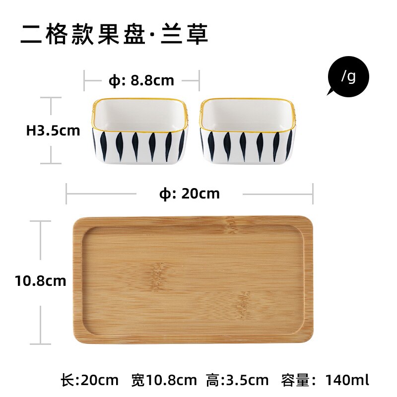 Plato divisor de cerámica para el hogar, bandeja de madera, plato de aperitivos de estilo japonés, con rejilla dividida, plato de fruta seca: B-2PCS