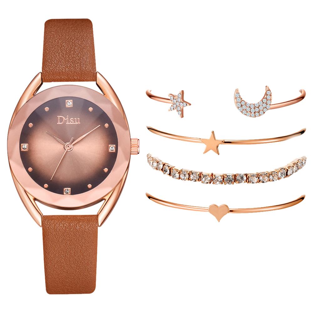Set leren horlogebanden voor dames, casual dameshorloge met gradiënt wijzerplaat en armbandhorlogeset: Bruin 5 -delige set