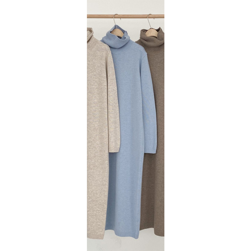 Bgteever afslappet tykkere varm kvinders strikket kjole med lange ærmer, løs turtleneck, kvindelige sweaterkjoler efterår vinter vestidos: Himmelblå