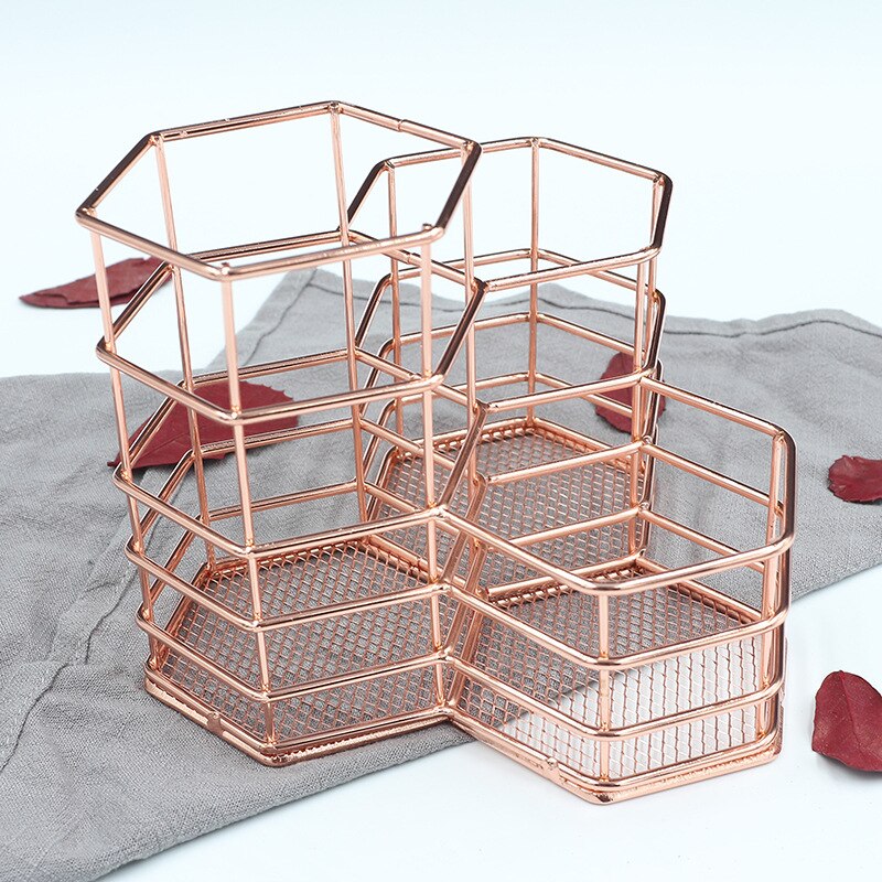 Metalen zeshoekige gouden pennenhouder, make-upborstelhouder, organizer, bureau-organizer voor stationaire opslag, kantooraccessoires, decoratie: Roségoud