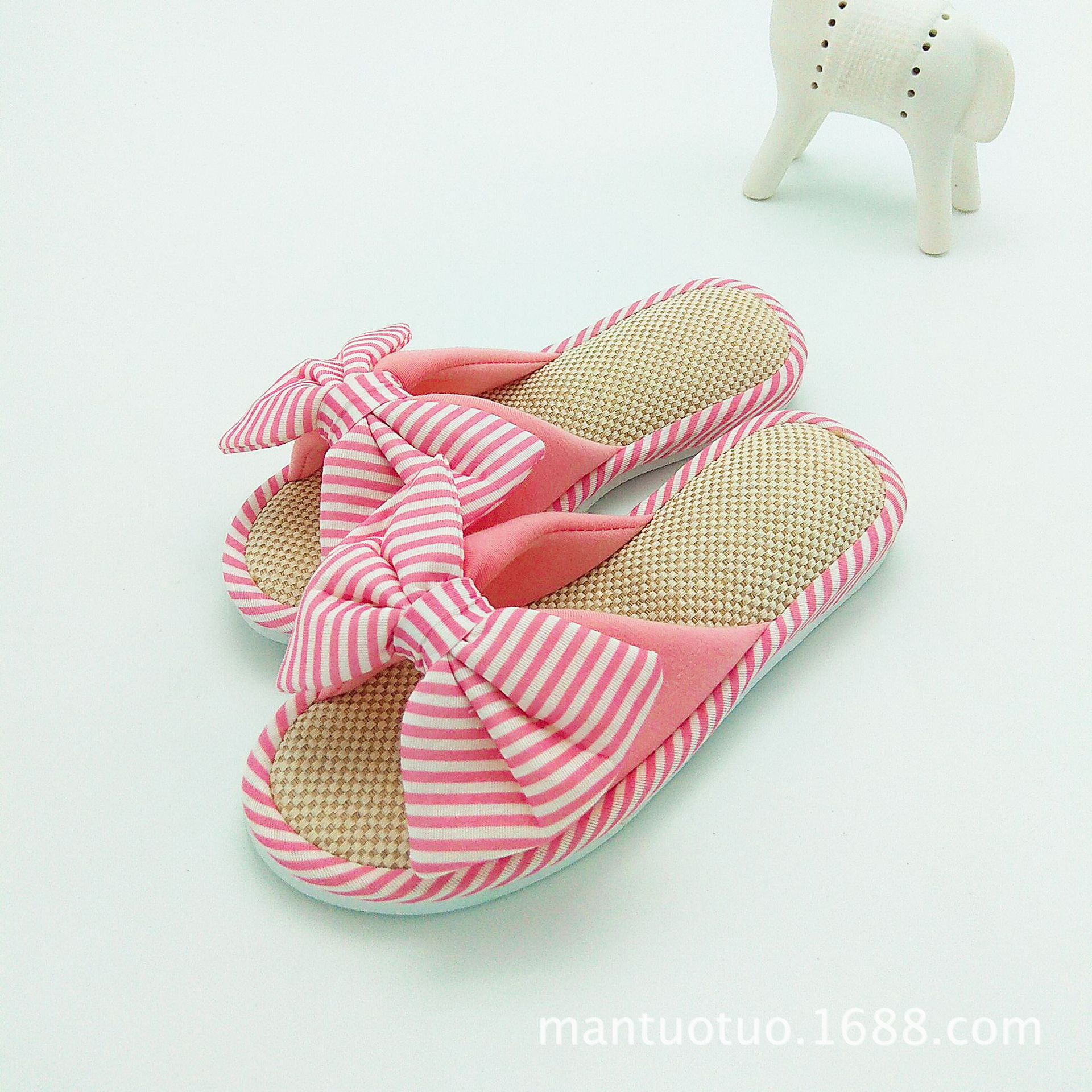 Intérieur maison pantoufles couleur bonbon printemps femmes chambre dessin animé noeud papillon dames diapositives confortable coton plancher lin maison chaussures: Rose / 39