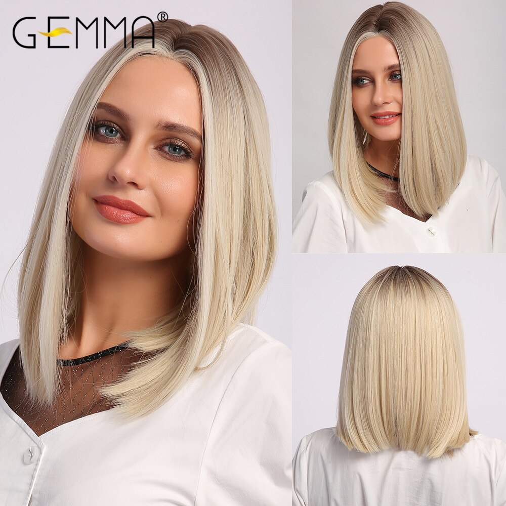 GEMMA Medium Straight Synthetic Wigs Ombre Black Brown Blonde White Highlight Wigs Middle Part Hair for Women Heat Resistant: FLT002