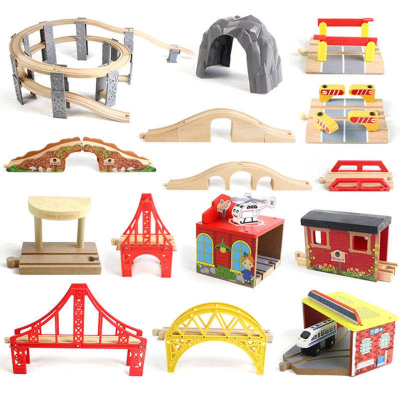 DIY Holz Track Holz Eisenbahn Zubehör Zug Track Eisenbahn Zubehör Bus Station Regenbogen Brücke Track