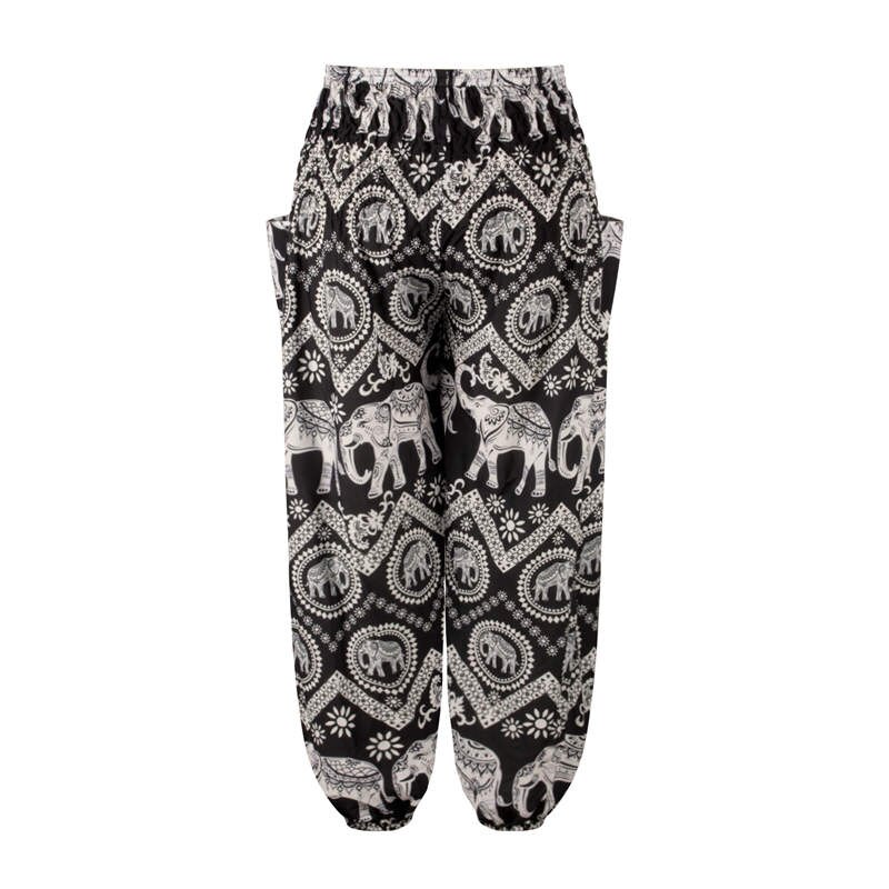 Men Thai Harem Pants Casual Trousers Loose Elastic Waist Vintage Print High Waisted Beach Pants Unisex Women Drawstring: D101798