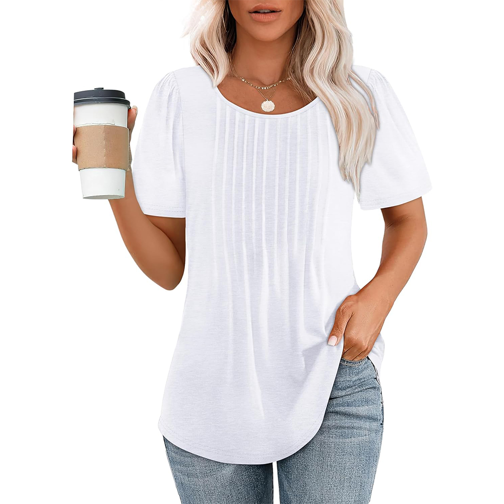 Dames T-shirts met korte mouwen, geplooid, chic, casual ronde hals, zomertops, blouses 2025: XXL / WHITE