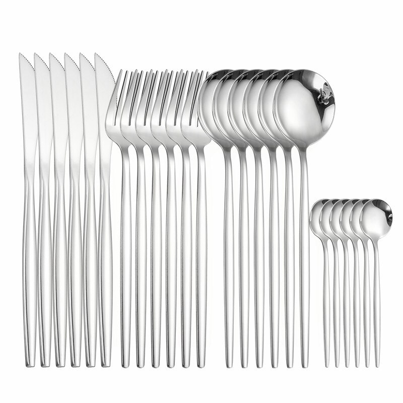 Gold Cutlery Tableware 24 Piece Knife Fork Spoon Set Polishing Flatware Forks Spoon Set Stainless Steel Cutlery Dinnerware Sets: silver 6sets