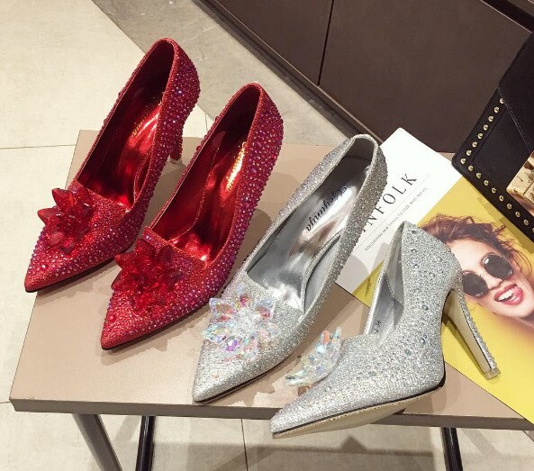 Zapatos de boda de cristal para mujer, zapatos de tacón con punta estrecha de Cenicienta, zapatos de tacón alto con diamantes de imitación, talla 10 11