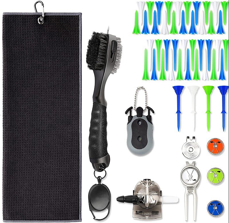 Deluxe Golf Accessories Set (10 in 1) | Come Golf Brush,Golf Towel,Divot Tool,Ball Liner,Score Counter,Golf Tees,Cap Clip And Ba: black