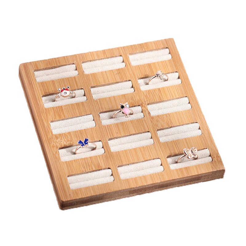 15 Grids Ringen Opbergvak Sieraden Display Rack Bamboe Pu/Fluwelen Ringen Organisator Rack Display Showcase Plank: Beige Velvet