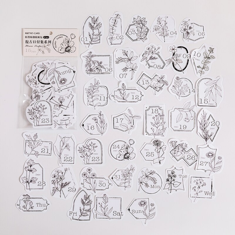 Journamm 45pcs Vintage Date Sticker Flakes Scrapbooking Bullet Journal Paper Craft Stationery Sheets Label Stickers: A