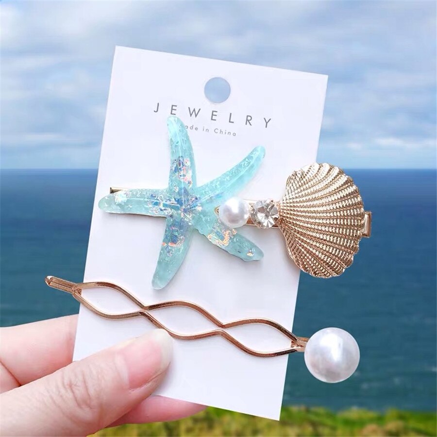 Mode Haarspelden Vrouwen Haar Accessoires Grote Zeester Sea Verkoop Simulatie Pearl Barrette Dames Hoofd Pins Clip Set Hoofddeksel: S2-Blue