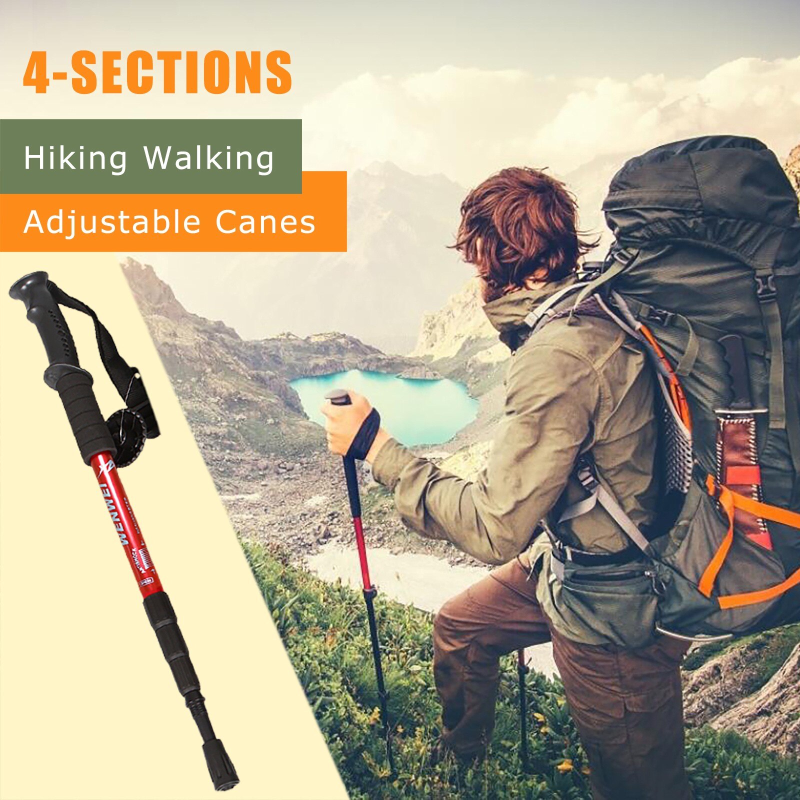 Outdoor Trekking Climbing Walk Stick Shock Hiking Walking Trail Poles Stick Adjustable Canes 4-sections Hiking Hike Accessories
