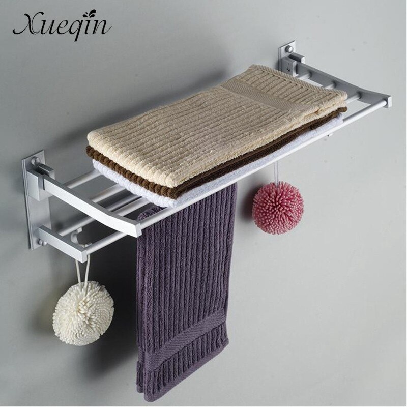 2 Layer Alumimum Foldable Bathroom Towel Rack Holder Wall Mounted Storage Hanger Kitchen Hotel Towel Clothes Shelf With 5 Hooks