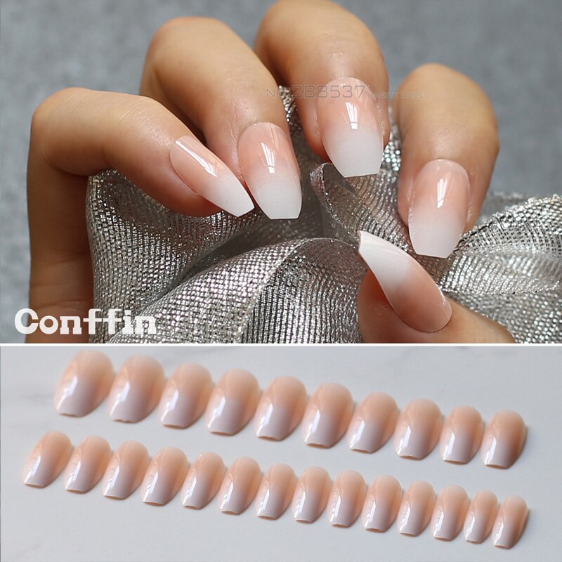 Jelly naakt wit gradiënt doodskist nep nagels stiletto nagels mooie roze medium natuur Valse nagels Volledige Nail end product 24 stuks: Conffin