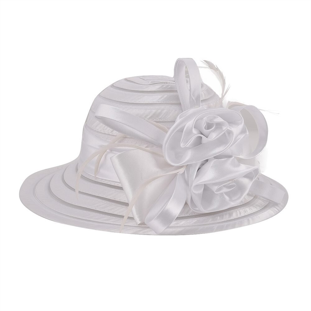 VOBOOM Organza été chapeau femmes vert large bord Protection solaire mariage église mer plage chapeaux rayure dames chapeau arc fleur 001: WHITE