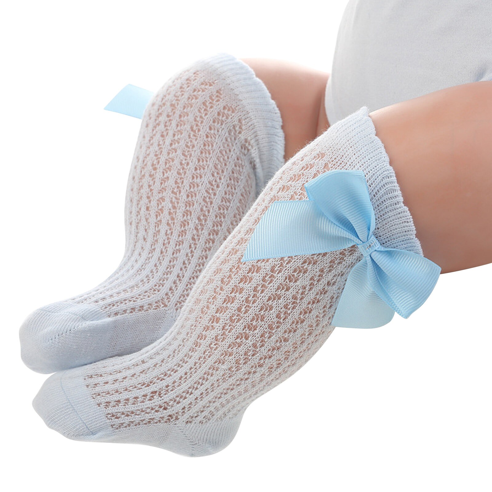 Calcetines de decoración con lazo grande para niñas, medias hasta la rodilla, holgadas, de estilo fino, vestido de princesa, accesorios de disfraces de bautizo: Sky Blue / M