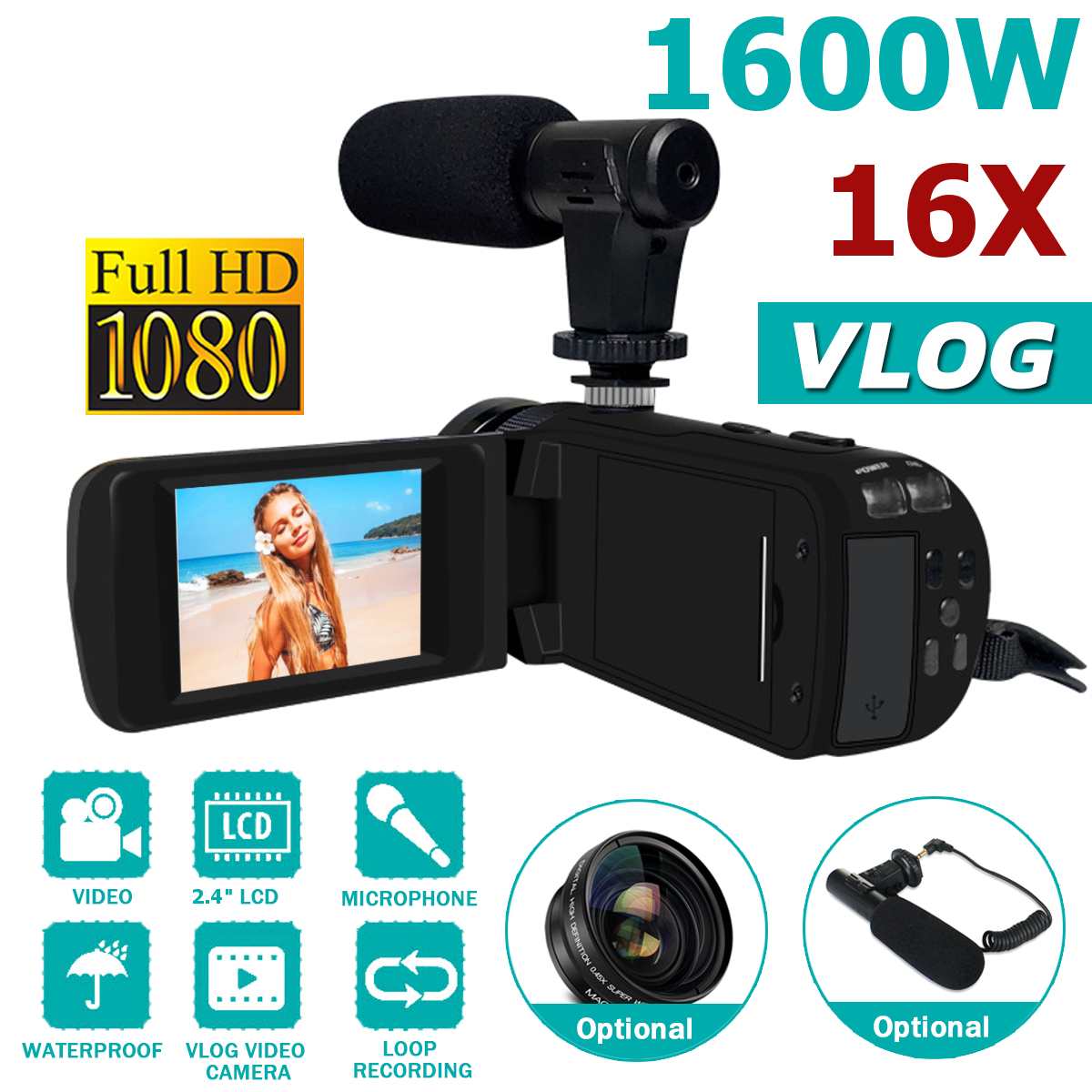 1080P HD Camera Camcorder Video 24MP Night Vision HDMI 2.4 Inch Screen 16X Zoom Digital Camera with Microphone