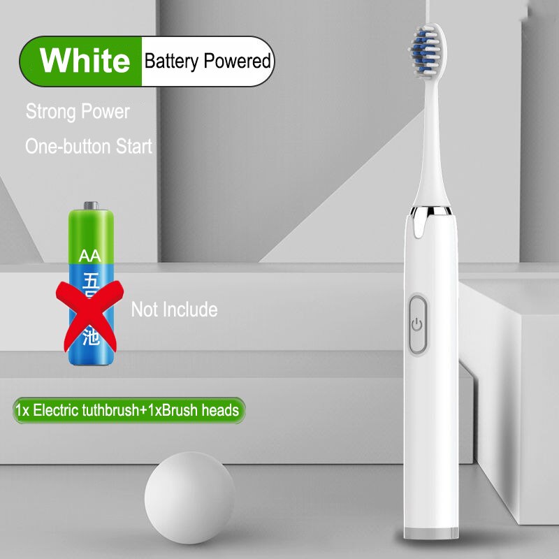 Electric Toothbrush Battery Power Washable Whitening Relax Teeth Brush Ultrasonic Electric Toothbruth USB Rechargeable Adult: White 1 head
