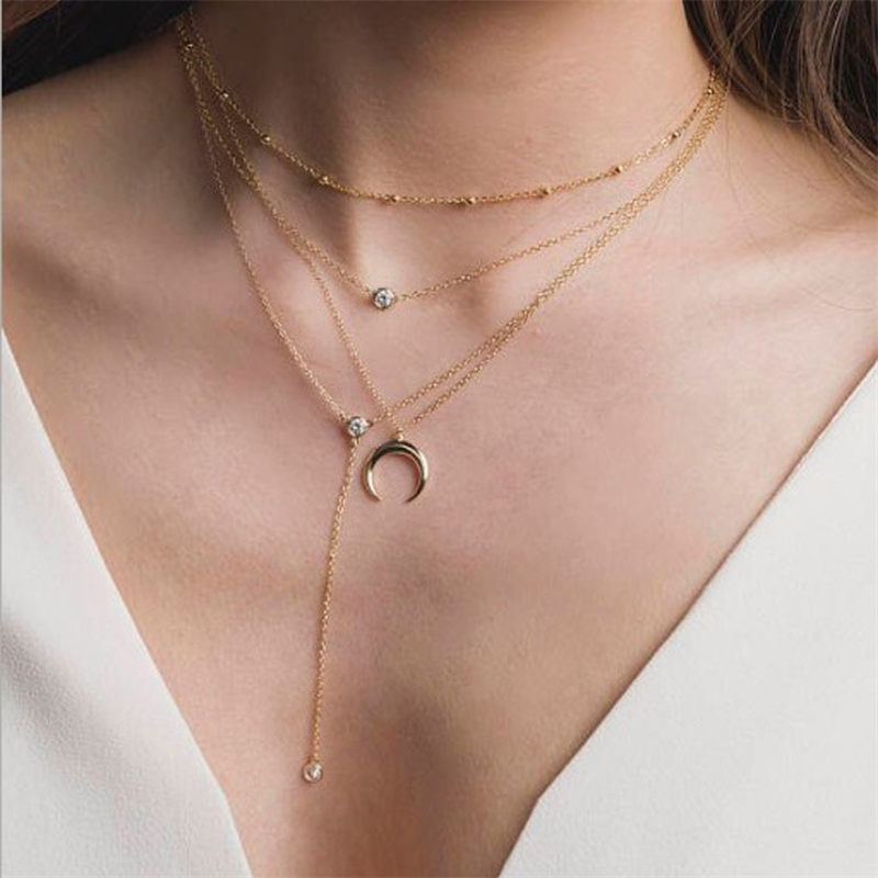 Mode Pailletten Multi Layer Lange Kettingen Hanger Bohemian Hanger Ketting Voor Vrouwen Bijoux Sieraden Accessoires: gold crystal moon