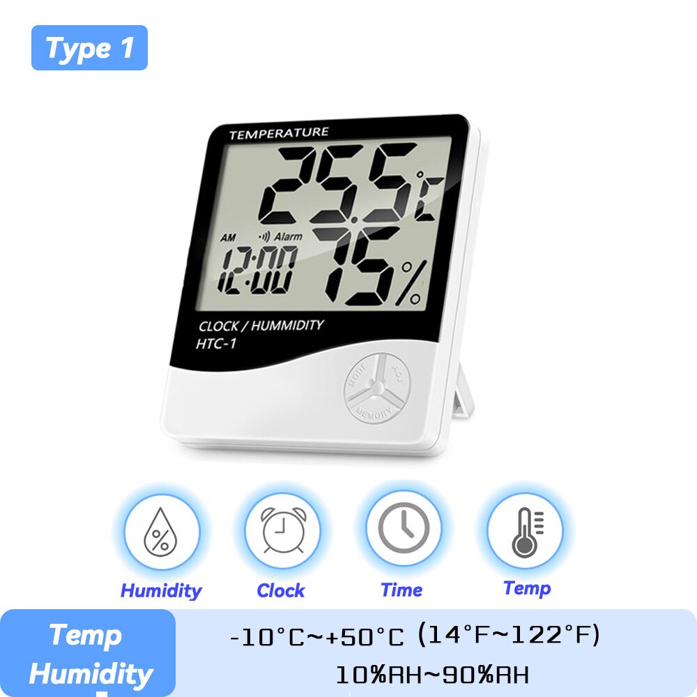 LCD Electronic Digital Temperature Sensor Humidity Meter Backlight Thermometer Hygrometer Gauge Indoor Weather Station Clock: HTC-1