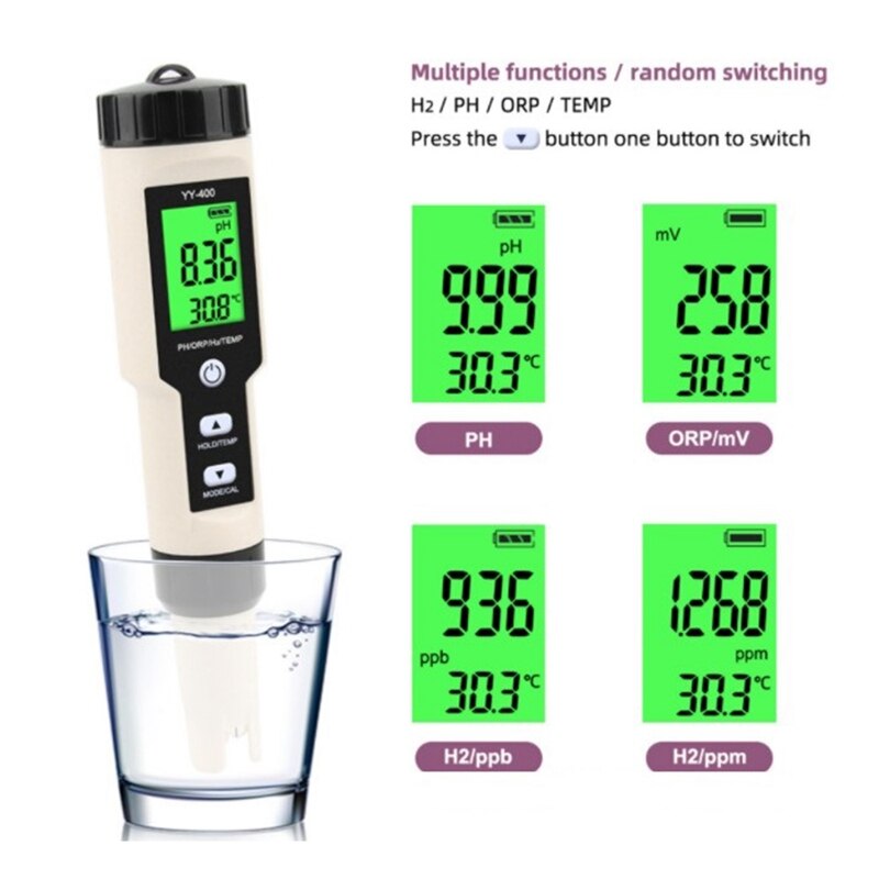 YY-400 PH/ORP/H2/TEM Hydrogen Ion Concentration Water Test Pen Digital Water Meter (Backlight)