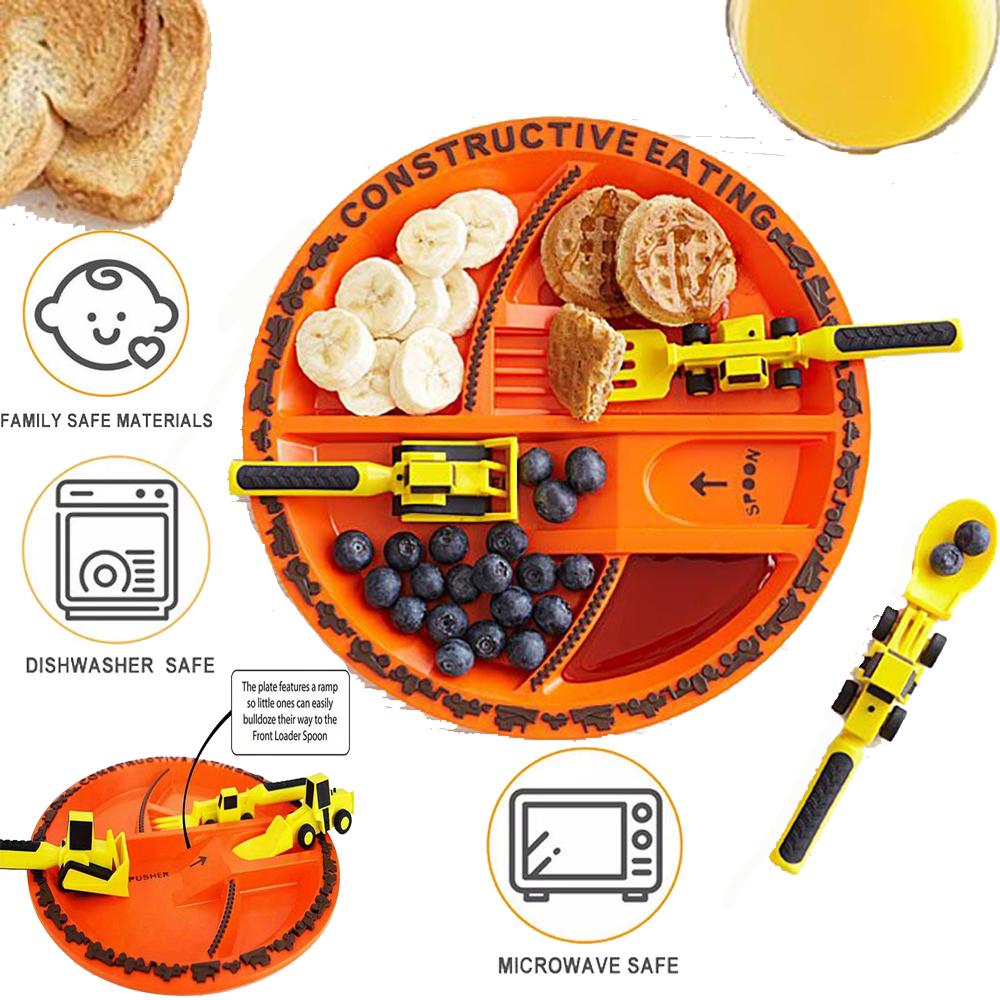 Coche Bulldozer excavadora pala placa cuchillo tenedor cuchara juego de vajilla seguro y práctico niños cuchara tenedor juego utensilios