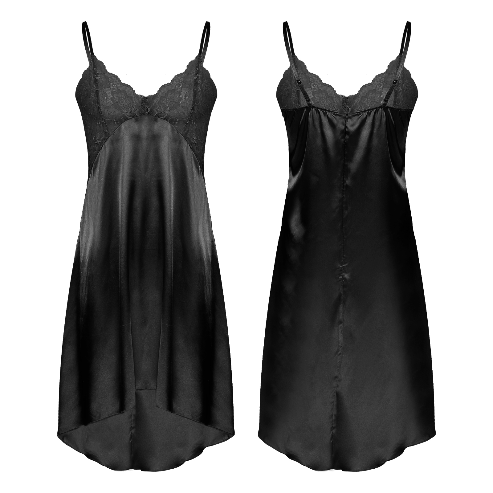 Herren Weichei Satin- Nachthemd überqueren-Dressing Nachtwäsche schier Spitze Kleid Patchwork Unregelmäßigen Saum Verstellbaren Trägern Kleid Nachtwäsche: L / Schwarz