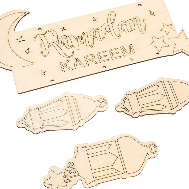 2 Stukken Islam Ramadan Houten Opknoping Plaque Aanmelden Lantaarn Hanger Ornament Muur Diy Home Decoratie Voor Eid Ramadan