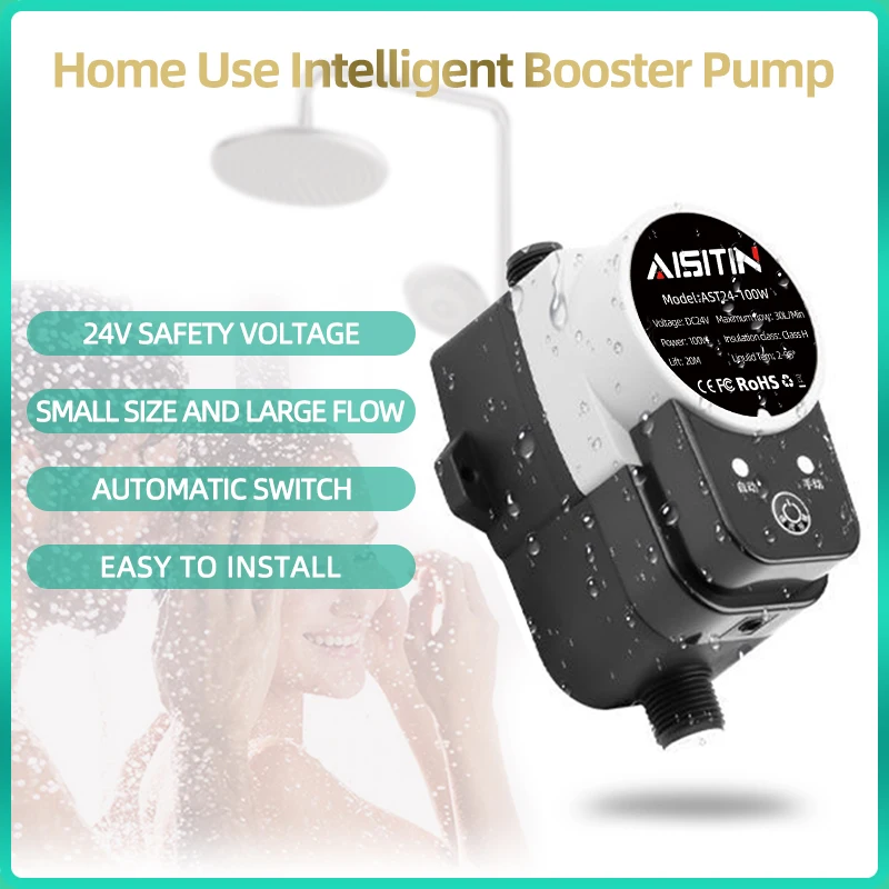 AISITIN Druckerhöhungspumpe, bürstenlose Wasserpumpe, 16 m, 24 V, IP56, Pome, automatischer Druckregler, Heim-Boost-Warmwasserbereiter