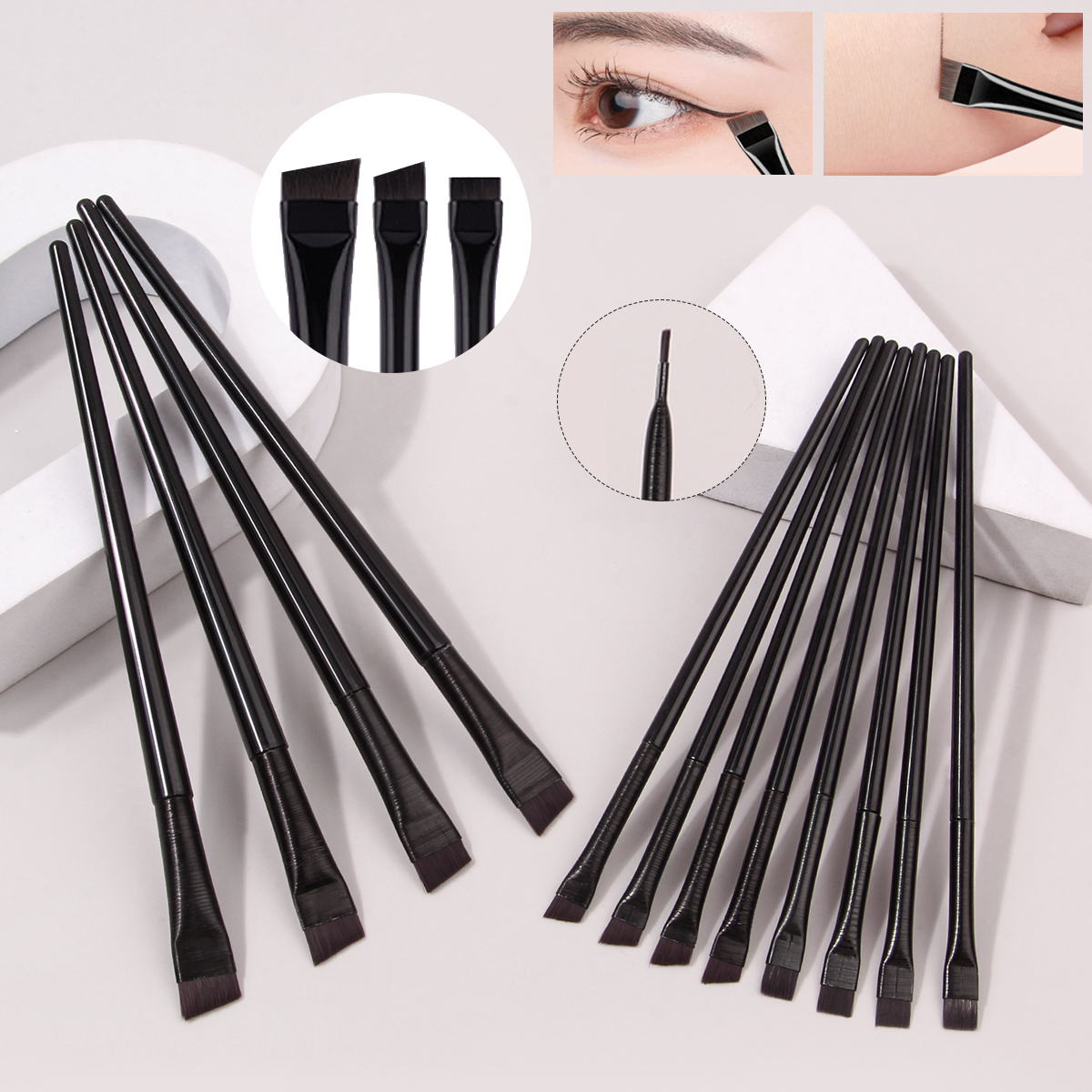 12 STKS Scythe Eyeliner Brush Oogschaduw Blade Brush Detail Brush Bevel Wenkbrauw Brush Ooglid naar beneden gericht Zijderupsborstel