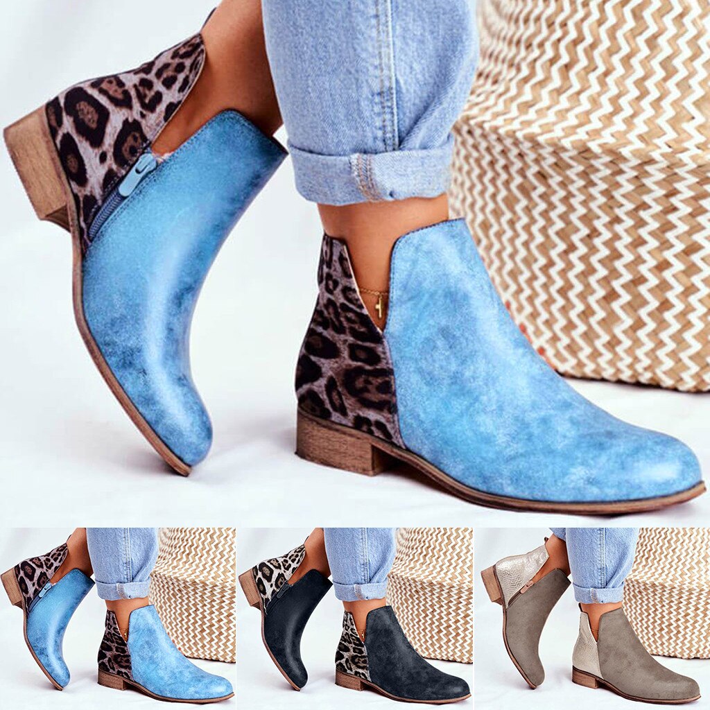 Vrouwen Mode Leopard Serpentine Laarzen Dames Outdoor Vierkante Hakken Schoenen Laarzen Pu Patchwork 3 Kleur Enkellaarsjes