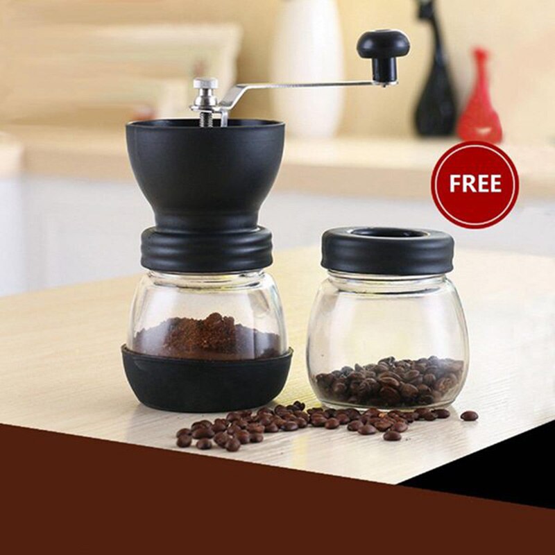 Manual Coffee Grinder With Ceramic Burrs, Hand Coffee Mill With Two Glass Jars Brush And Tablespoon Scoop