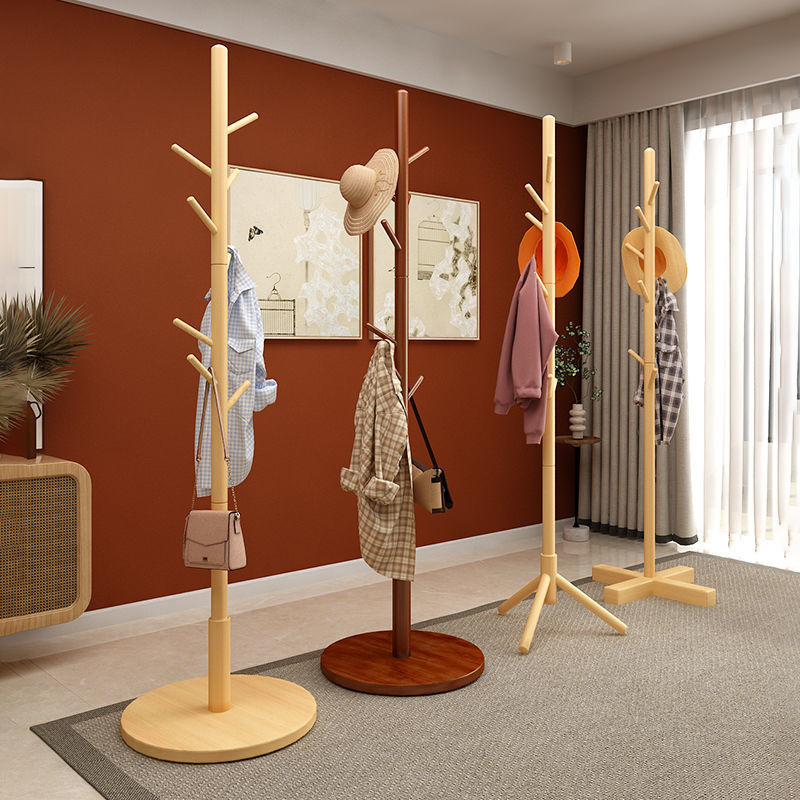 Solid wood coat rack, floor standing clothes hanger, household simple clothes drying and bag hanging rack