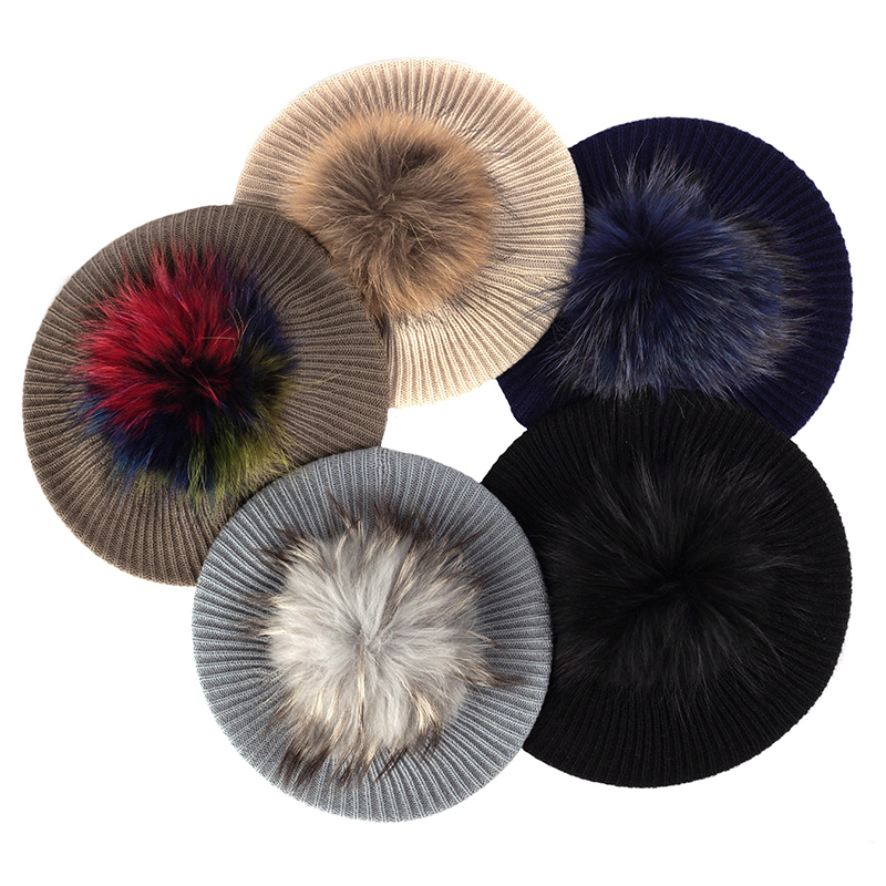 Vrouwen & # 39;s Gebreide Elegante Baretten Zacht Met Echte Pompom Vrouwelijke Kunstenaar Mode Retro Hoeden Dame Effen Kleur Franse Eenvoud Caps