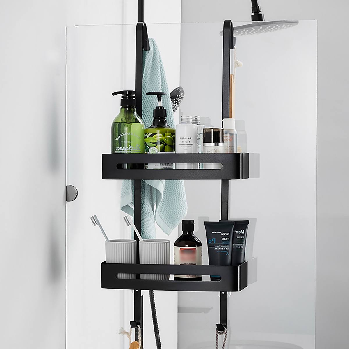 Sort hængende bad hylder badeværelse hylde arrangør sømfri shampoo holder opbevaring hylde rack badeværelse kurv holder