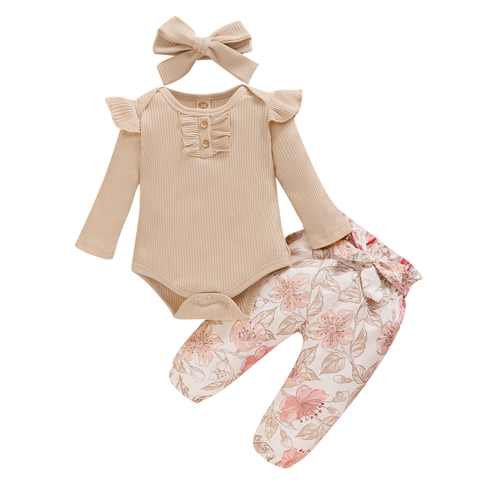 Vêtements pour bébés -né pour filles, barboteuse unie à volants, pantalon Floral, bandeau, vêtements d'hiver: Kaki / 9M