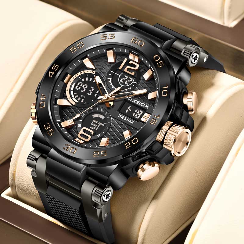Foxbox 5 atm vattentät lcd-kvartsarmbandsur med dubbel skärm, multifunktionell elektronisk klocka för män, sportklockor i silikon, herrklockor: Kaffe