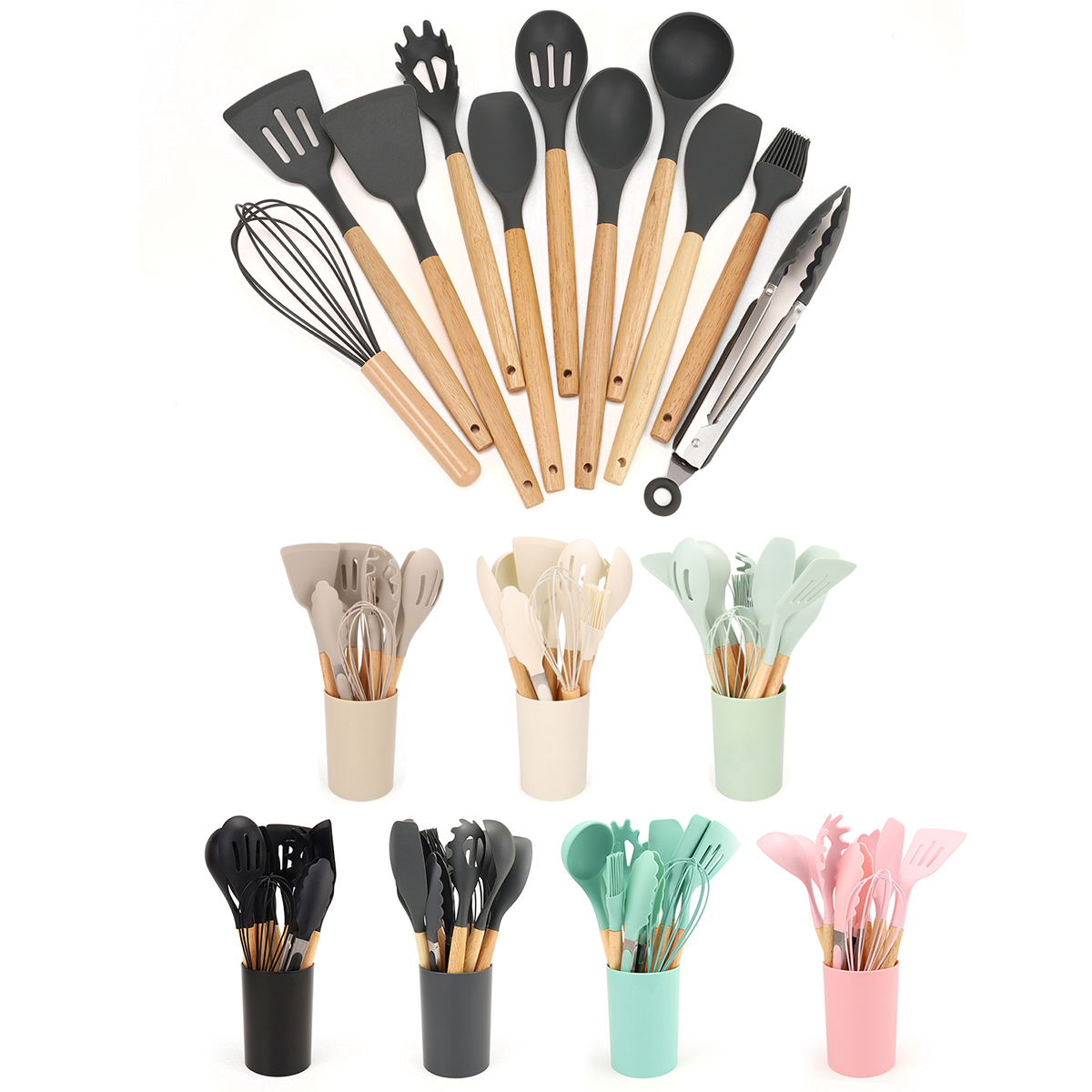 12 Stuks Siliconen Keukengerei Spatel Schop Soeplepel Koken Tool Met Opslag Emmer Non-stick Houten Handvat Keuken gadgets