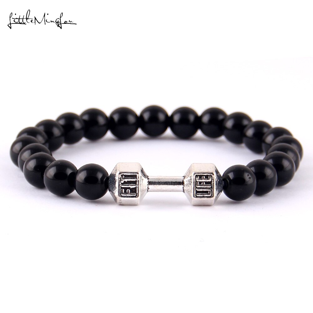 Little Minglittle Fit Life Dumbbell charm fitness bracelet Black Matte stone bead men Bracelets & bangles for women jewelry: 4238b