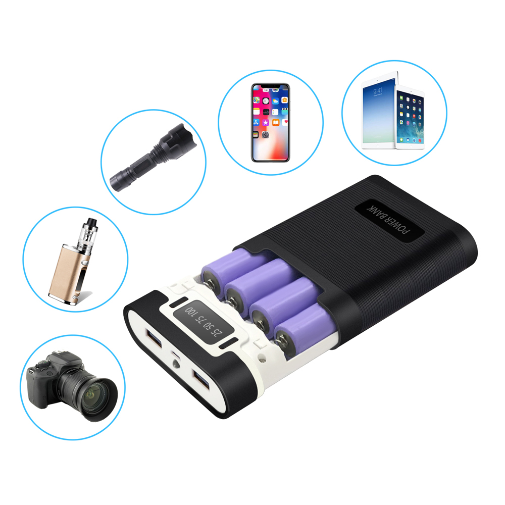 Banco de energía de batería 18650, linterna de 5V, 4 ranuras, caja de cargador USB, bancos de energía portátiles para viajes