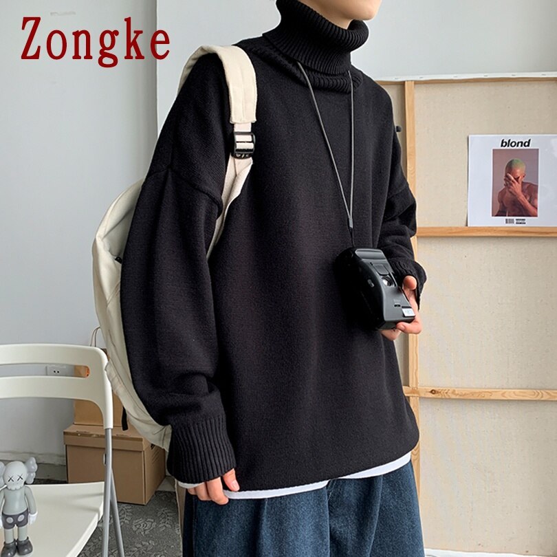 Zongke Samurai estampado de gato cuello alto de punto suéter de los hombres ropa de cuello de los hombres suéter de suéter o Chompa para hombre M-3XL