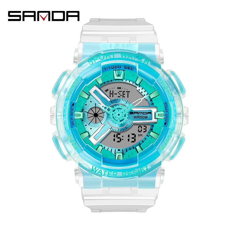 SANDA montre hommes et femmes montres transparentes étanche multi-fonction lumineux sport Double affichage Couple montre électronique: Green