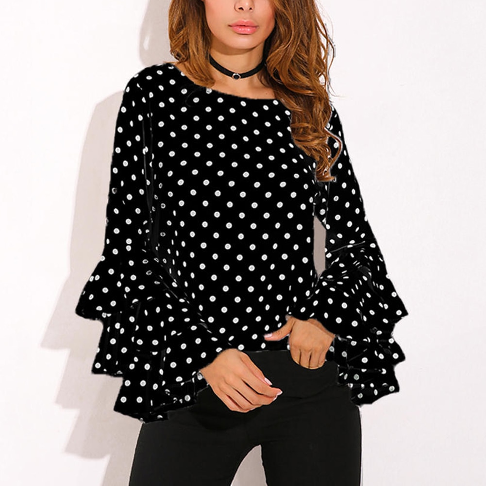Túnicas 3XL 4XL 5XL de talla grande, camisa informal para mujer, blusas de lunares con volantes, blusas de manga larga con cuello redondo, blusas elegantes de oficina para mujer