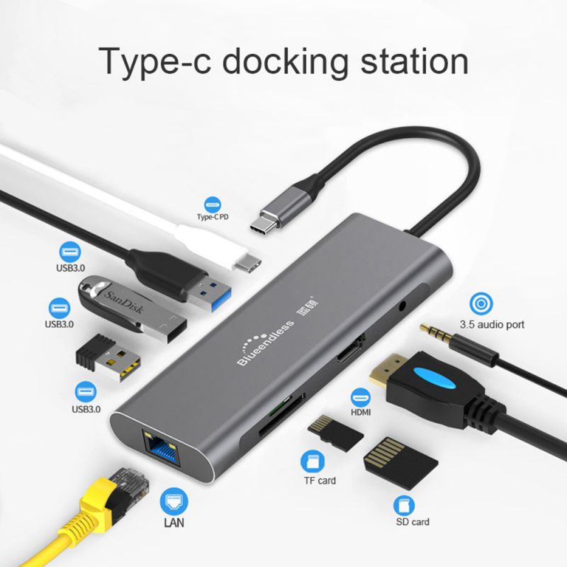 Aluminiumslegering multifunksjonsnav 4k hd usb 3.0 hub 9- i -1 dokkingstasjon usb c hdmi vga ethernet adapter