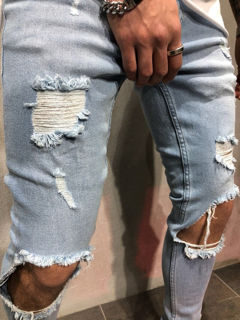 Jean déchiré au genou pour hommes, coupe haute extensible, pantalon de jogging bleu délavé, troué Hip-hop, motard